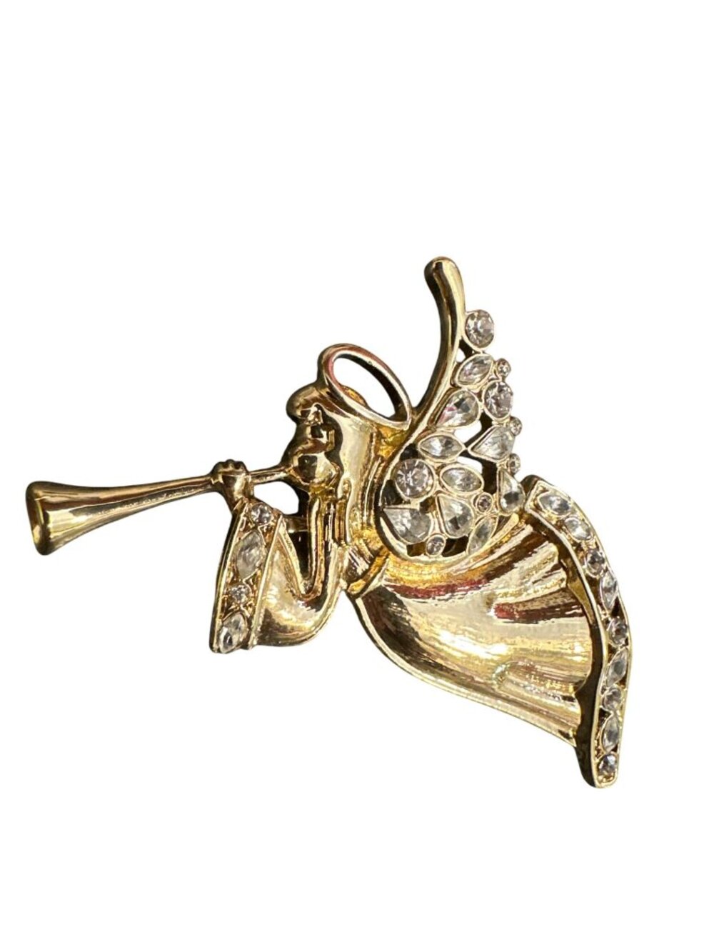 Vintage Napier Gold-Tone Angel Brooch With Clear Rhinestones Trumpet Pin Christm - Picture 3 of 5